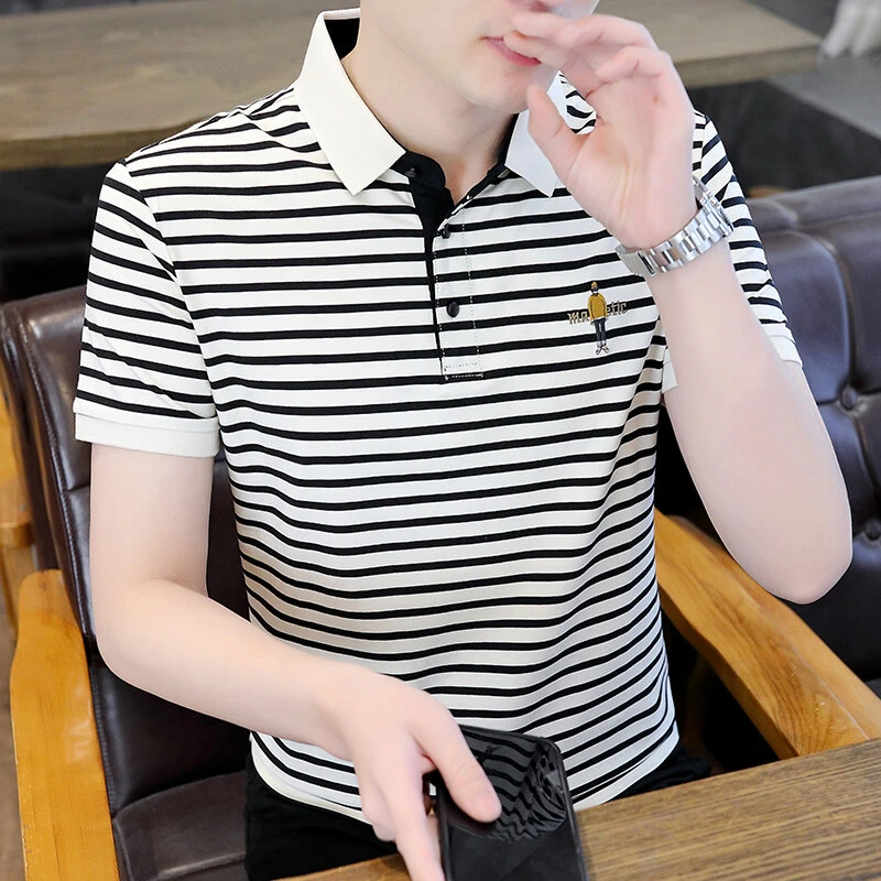条纹夏季短袖男Polo衫潮流商务上衣韩版夏装男士休闲翻领polo衫