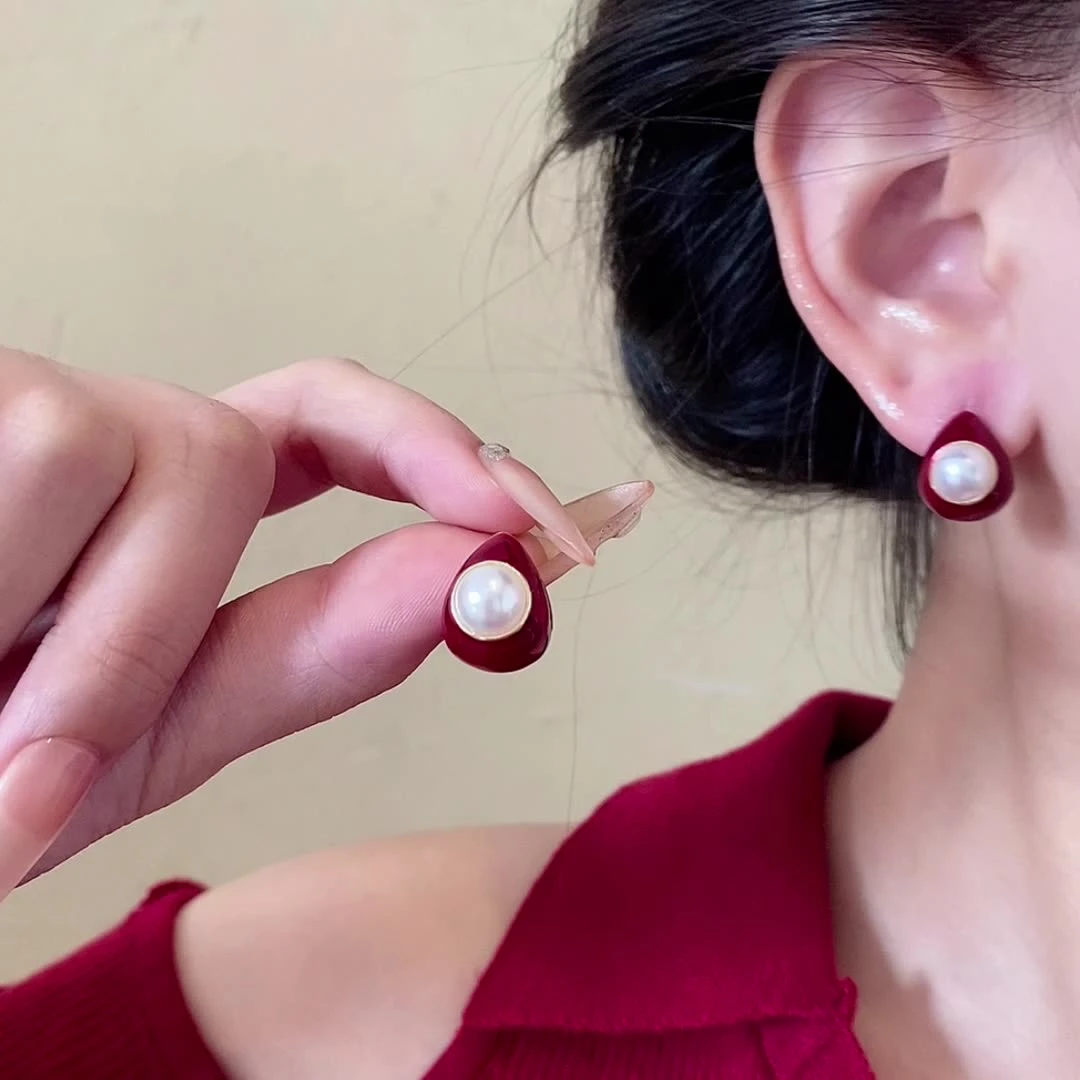 合金仿珍珠耳饰 (B073)安可拉红色水滴法式复古小众馒头珍珠耳环