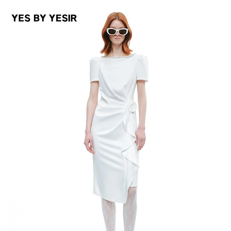 叶谦原创设计师2025年秋新款摇曳之花短袖褶皱连衣裙