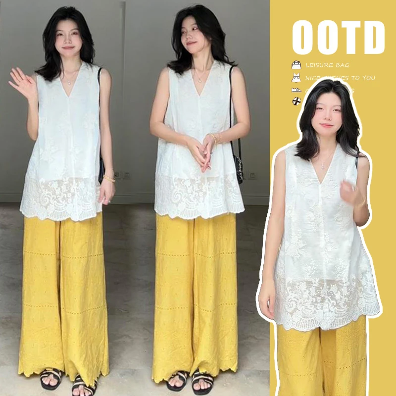 大码女装2025春夏新款休闲蕾丝上衣百搭气质显瘦花边阔腿裤套装