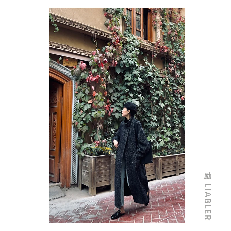 LIABLER 25秋冬款复古人字纹绵羊毛保暖毛呢大衣 7A88012