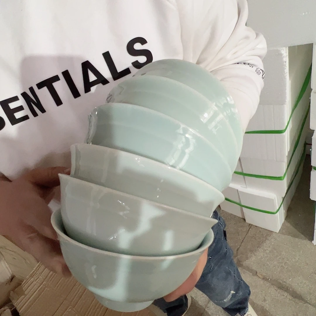 瓷景德镇高温陶瓷深影青护边4.75寸米饭碗6个