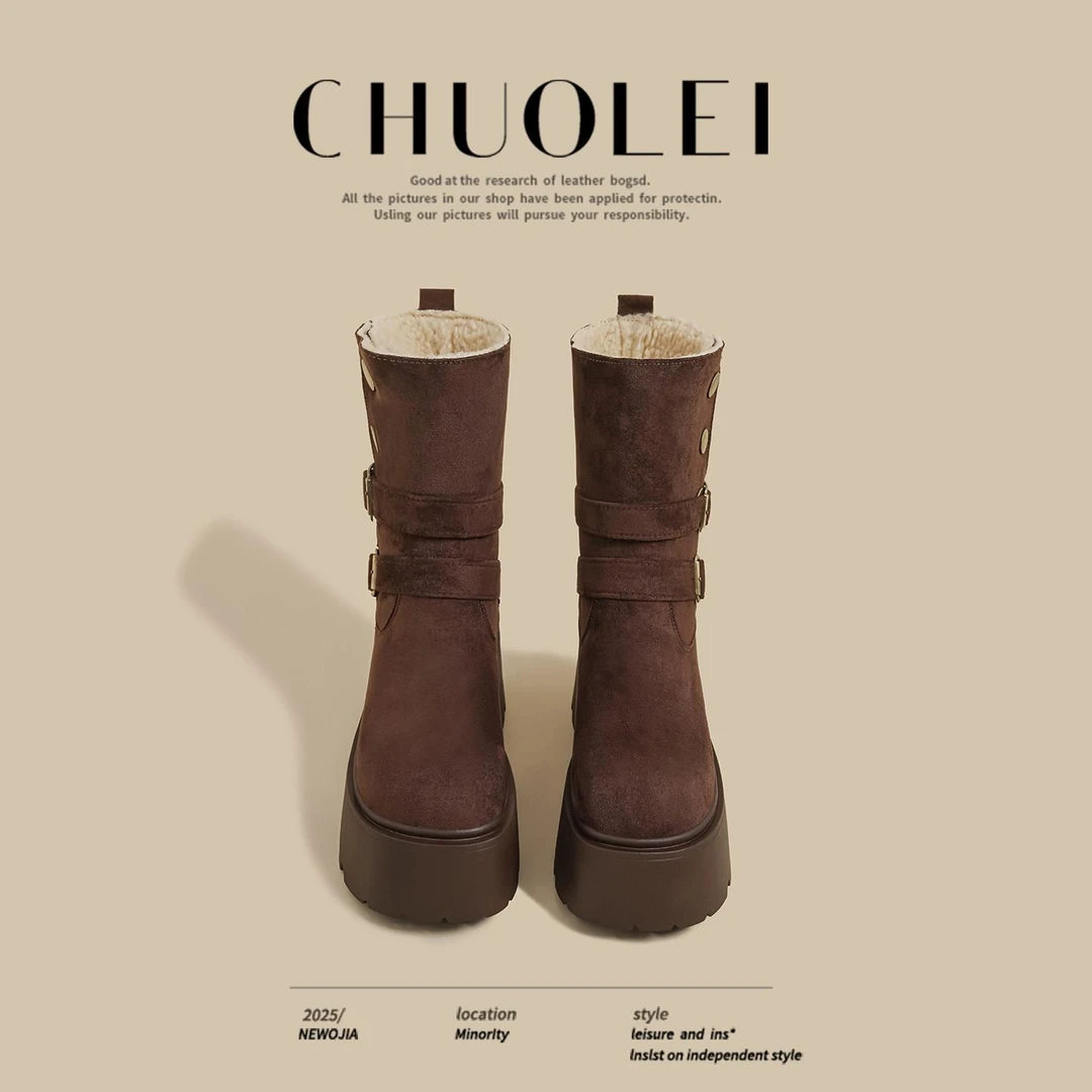 【DR官方正品】超保暖！2025冬季新款厚底雪地靴女棕色一字带加绒鞋