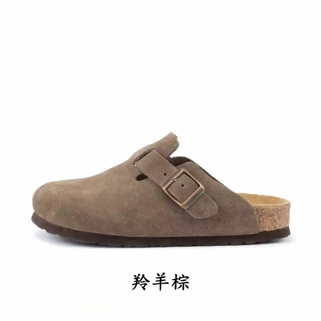 【彩彩】勃肯男女同款半包真皮休闲包头软木拖鞋