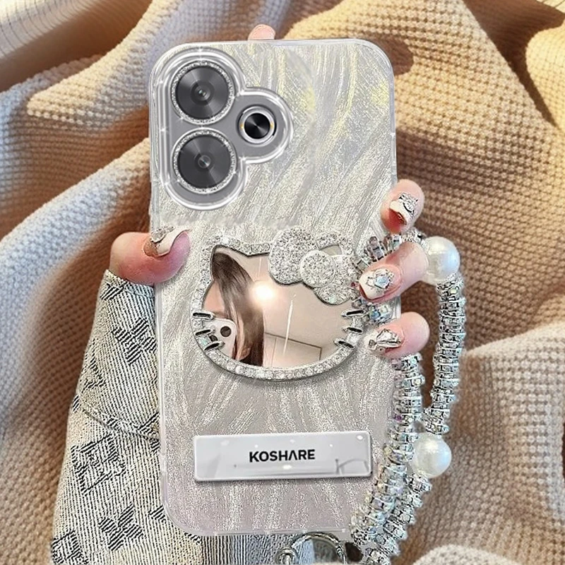 自带镜头膜红米Note13R手机壳全包Redminote13r软壳镶钻kt猫镜子