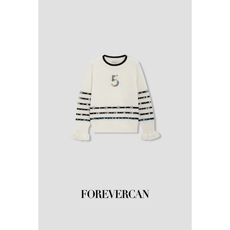 FOREVERCAN高阶海军风 小香条纹刺绣手袖花边针织上衣 MY3545