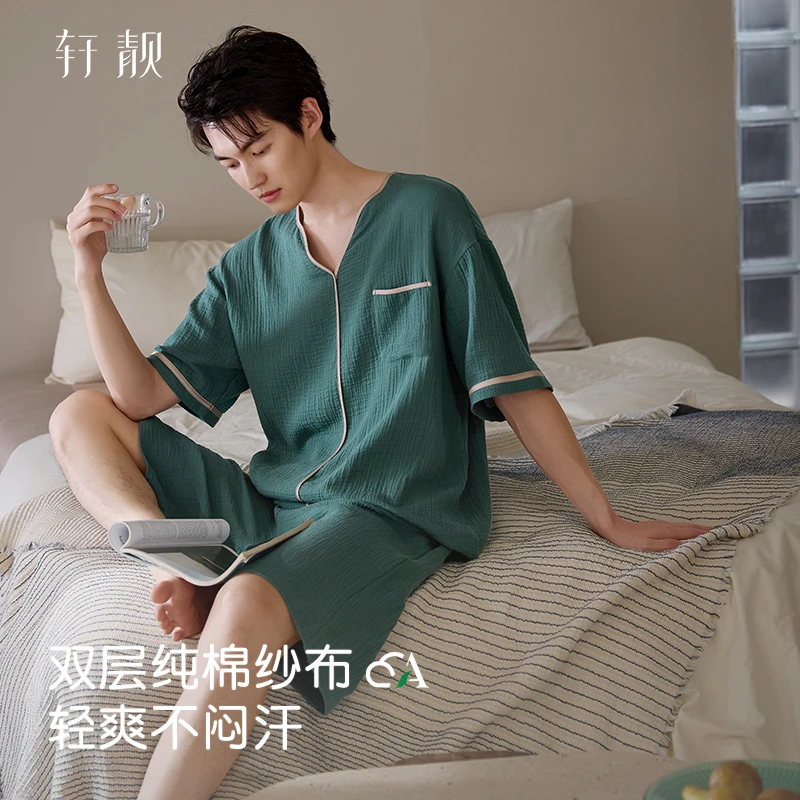 【纯棉纱布】睡衣男士夏季短袖短裤可外穿2025新款大码家居服套装