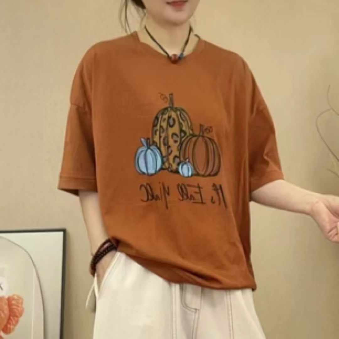 圆领极简风短袖印花不褪色T恤春夏大版半袖南瓜卡通大码女装