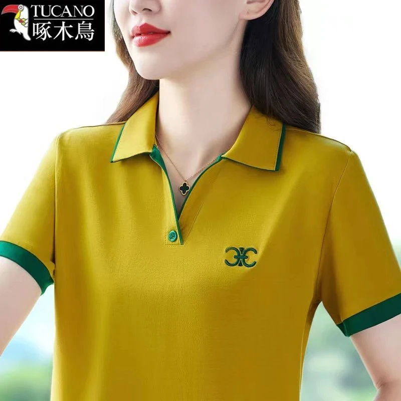 啄木鸟~妈妈polo衫翻领短袖t恤女士夏季新款纯棉刺绣洋气运动上衣