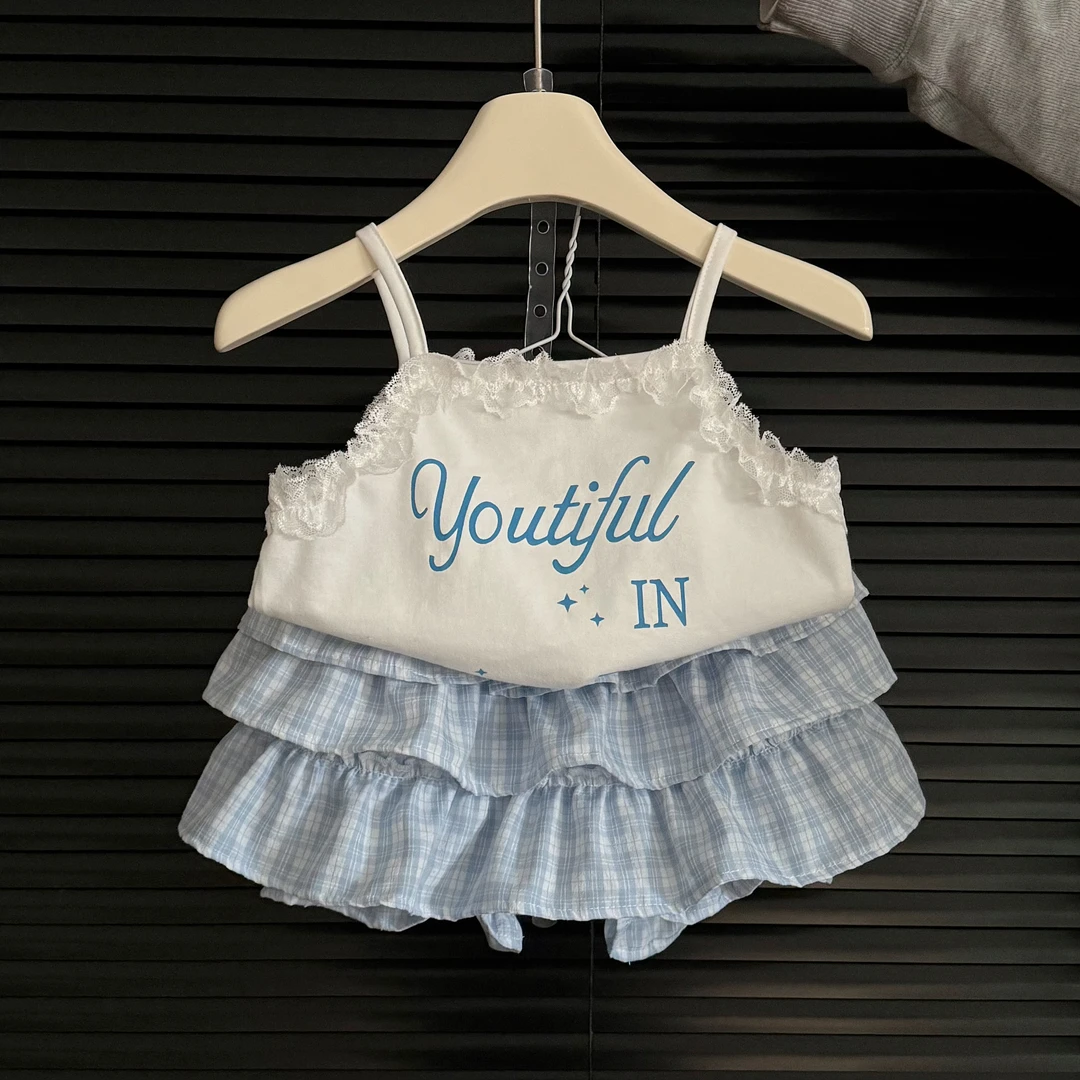 5136  女童2025夏款套装蕾丝字母吊带背心蛋糕裙裤两件套