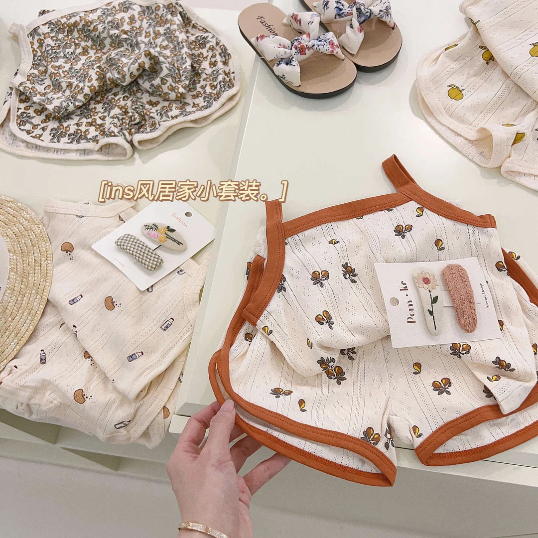夏季新款儿童吊带套装碎花女童韩版背心睡衣宝宝薄款呼吸棉家居服