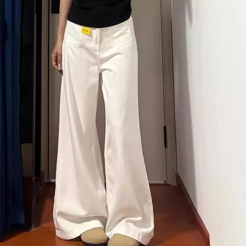 雪千羽高腰白色阔腿牛仔裤女2025年夏季薄宽松直筒裤垂感拖地长裤