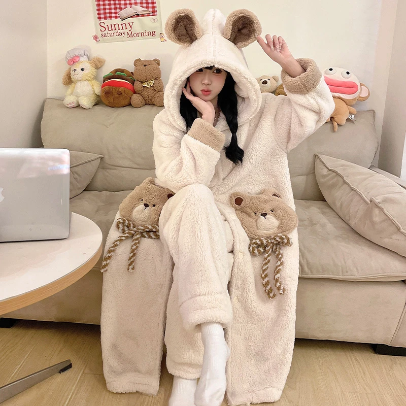 睡袍女秋冬加厚加绒珊瑚绒保暖睡衣套装连帽中长款浴袍长款家居服