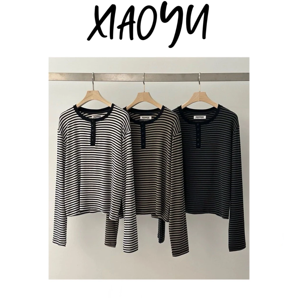 【黑领亨利衫】S韩系PEPPER韩国东大门条纹半系扣百搭长袖设计款