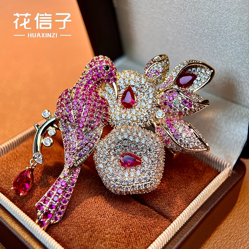 铜合成锆石胸针 9217 花卉喜鹊 新品重工奢华高档大衣胸花别针