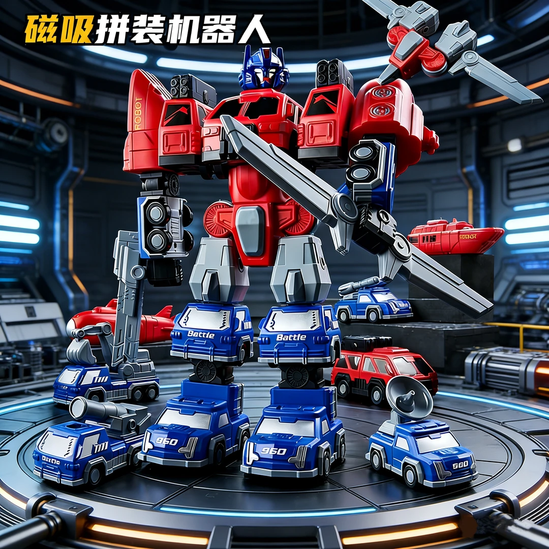 磁力变形工程车拼装磁吸合体机器人儿童3-6岁益智玩具生日礼物