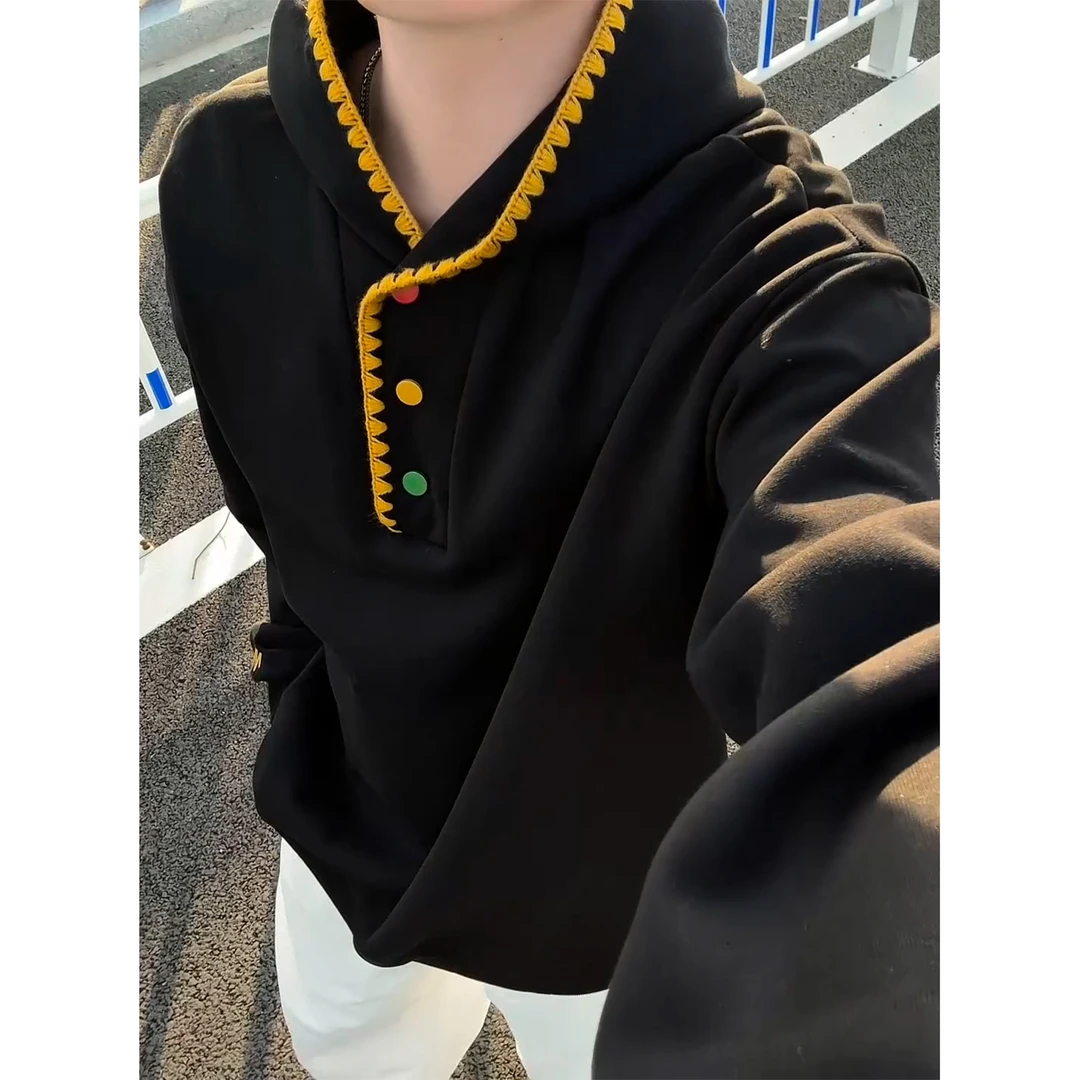 美式潮牌多巴胺刺绣镶边连帽卫衣男款冬季设计感撞色加绒加厚外套