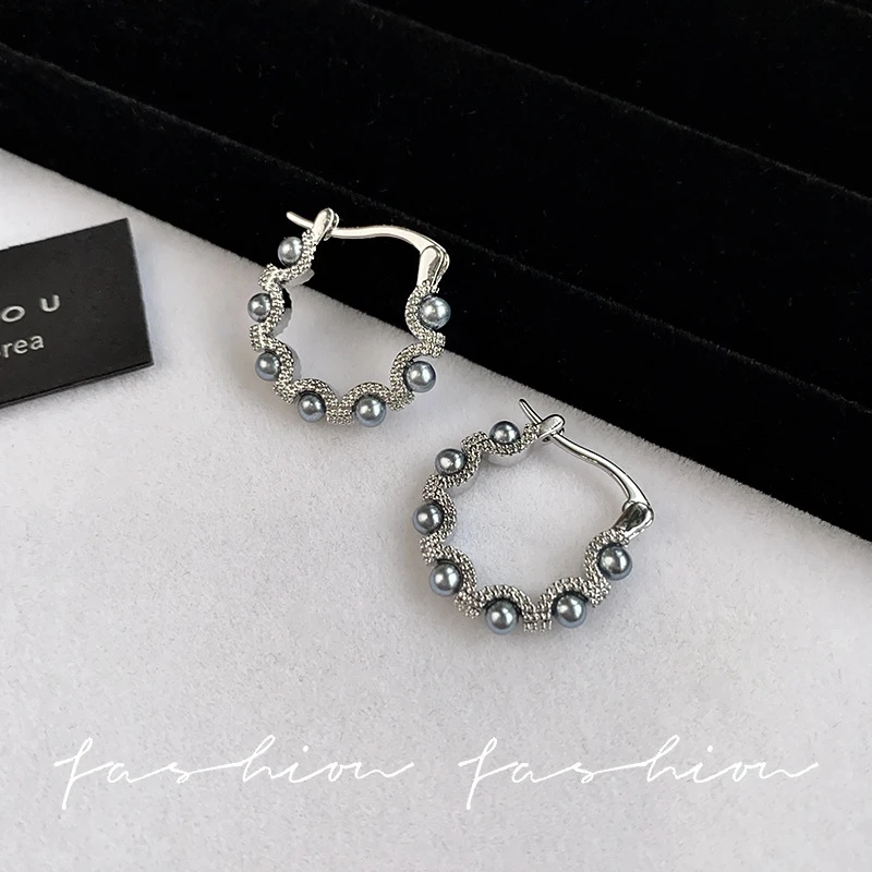 铜合金耳饰 高档珍珠波浪耳环925银轻奢高级感法式复古耳扣