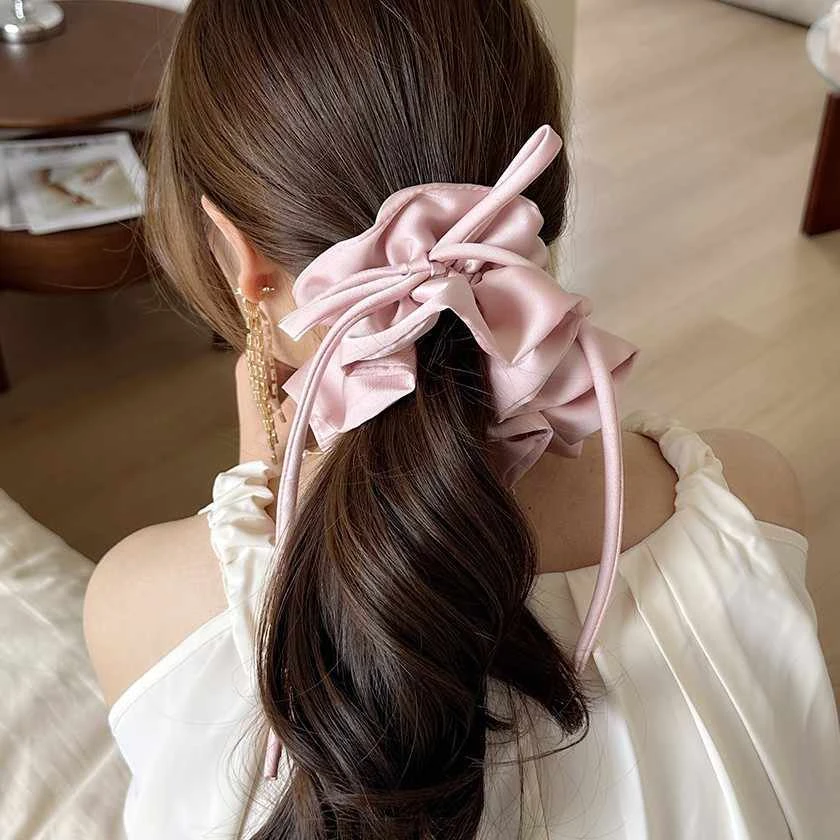 法式缎面丝带蝴蝶结收腰褶皱大肠发圈橡皮筋女绳飘带发绳发饰