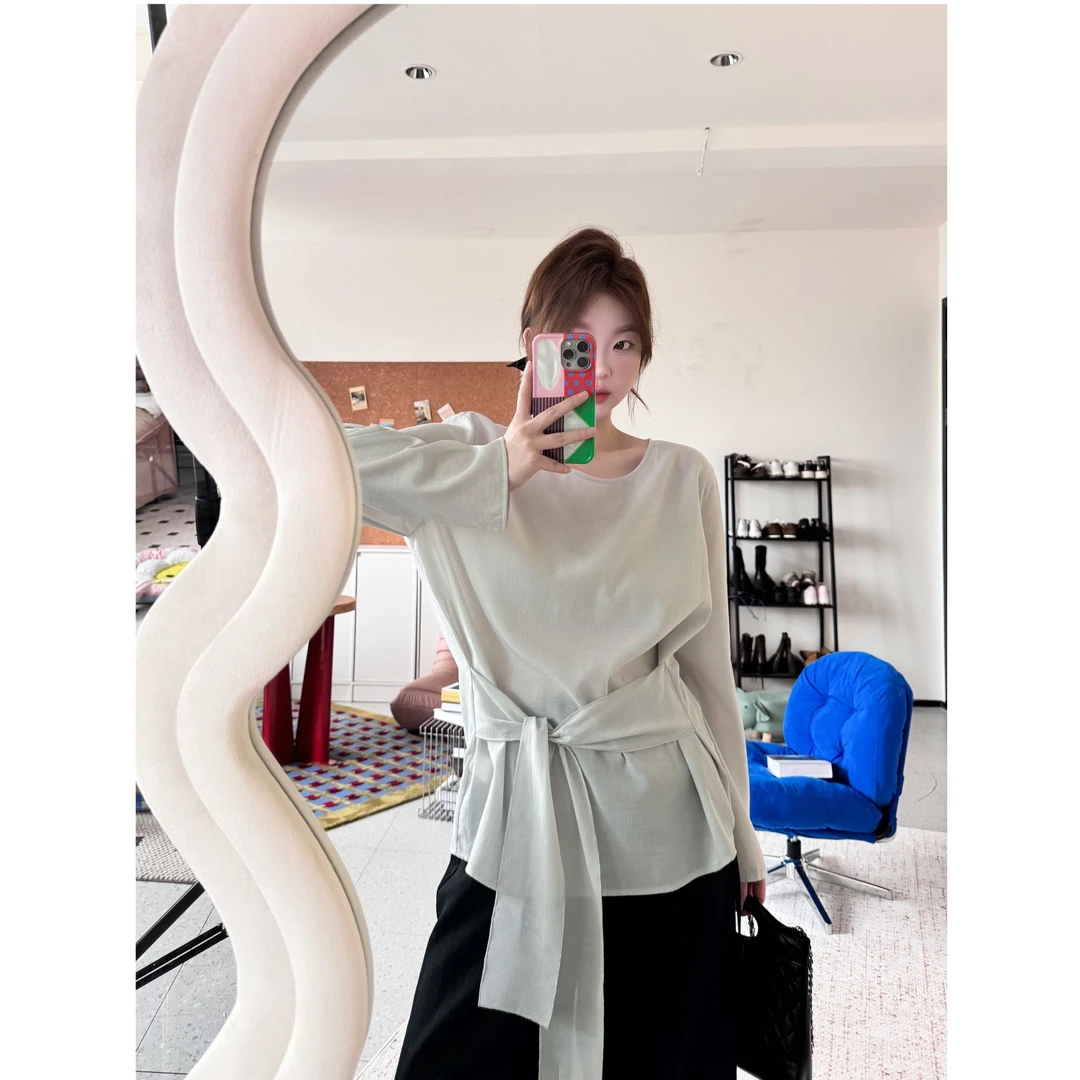 晶咕【都市岛屿】设计感腰部欧若风自带绑带纯色大圆领长袖