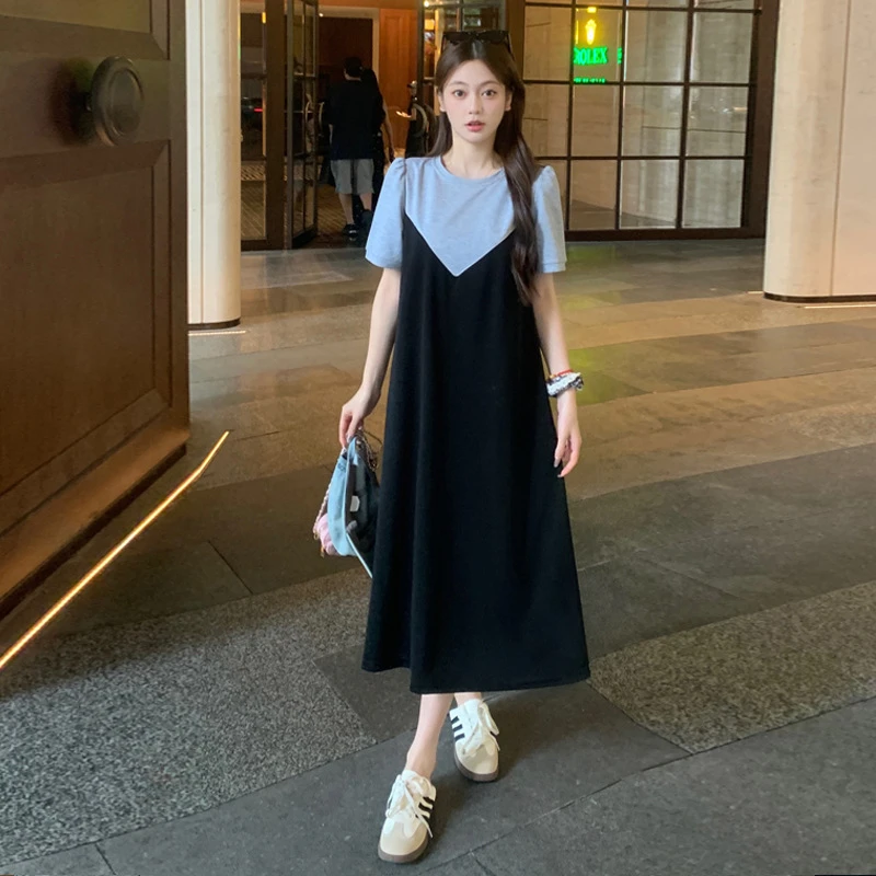 夏季拼色宽松大码上衣连衣裙中长裙休闲新款别致女装女装女装短袖