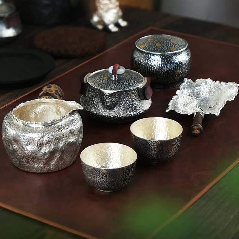 壶尔摩斯《侘寂风》一壶两杯、公道、茶滤、茶叶罐套组手工茶壶足银999