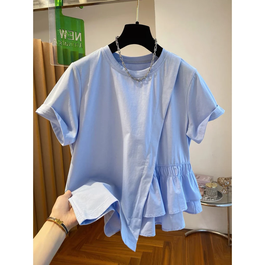 微胖特大码300斤衬衫拼接t恤女短袖独特别致收腰显瘦遮肉宽松上衣