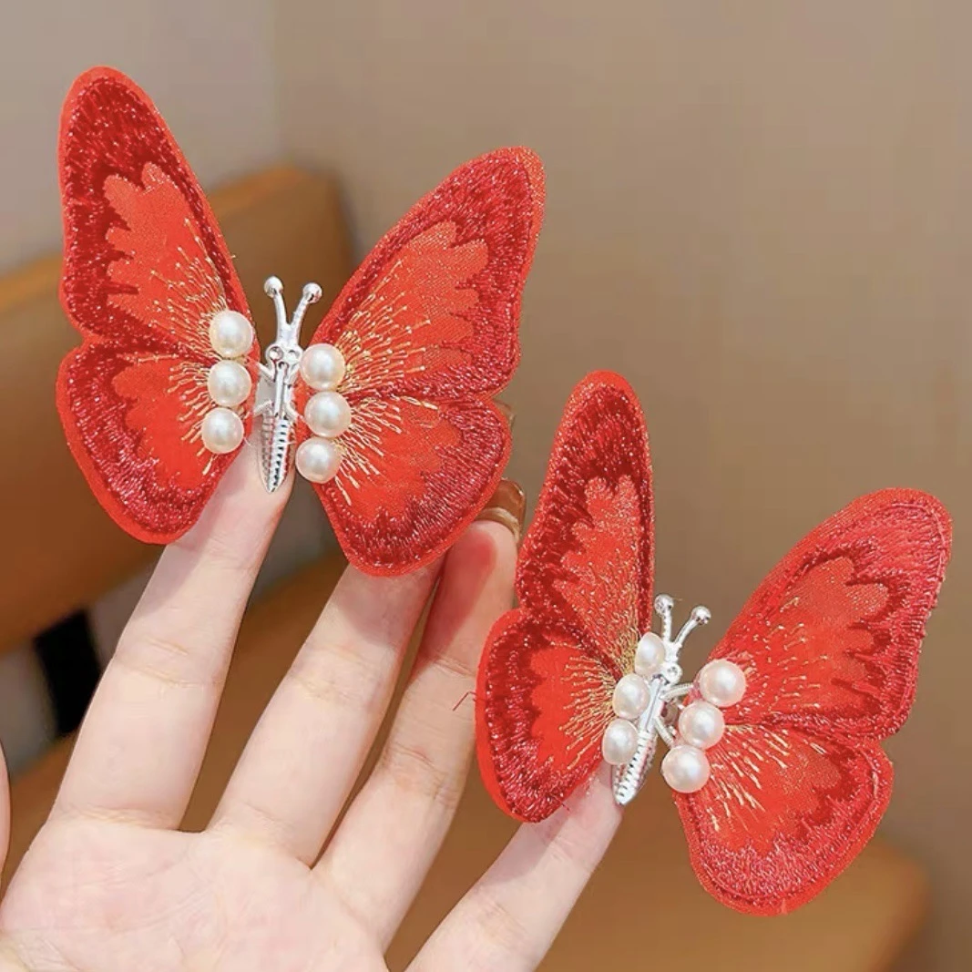 新年红色会动蝴蝶发夹2023新款女童宝宝过年发卡头饰儿童国风发饰