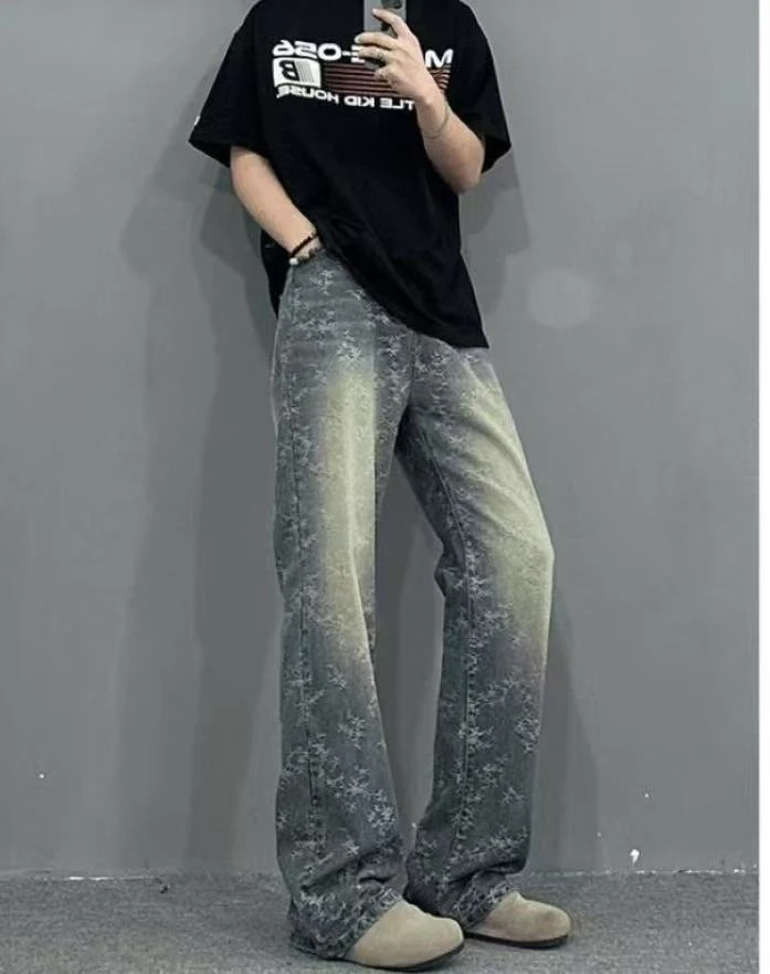 直筒牛仔裤夏季裤子复古潮流混的人蜗牛