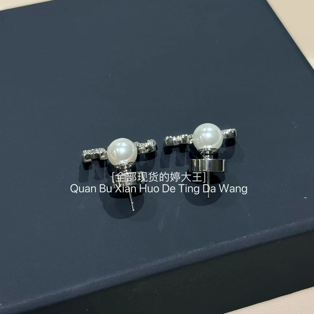 铜合金合成锆石耳饰 【前后两戴珠珠镶钻耳环】
