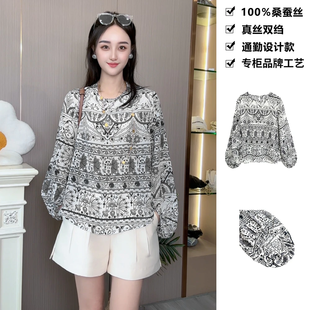 100真丝双绉复古印花气质设计感舒适圆领桑蚕丝t恤上衣DLX259