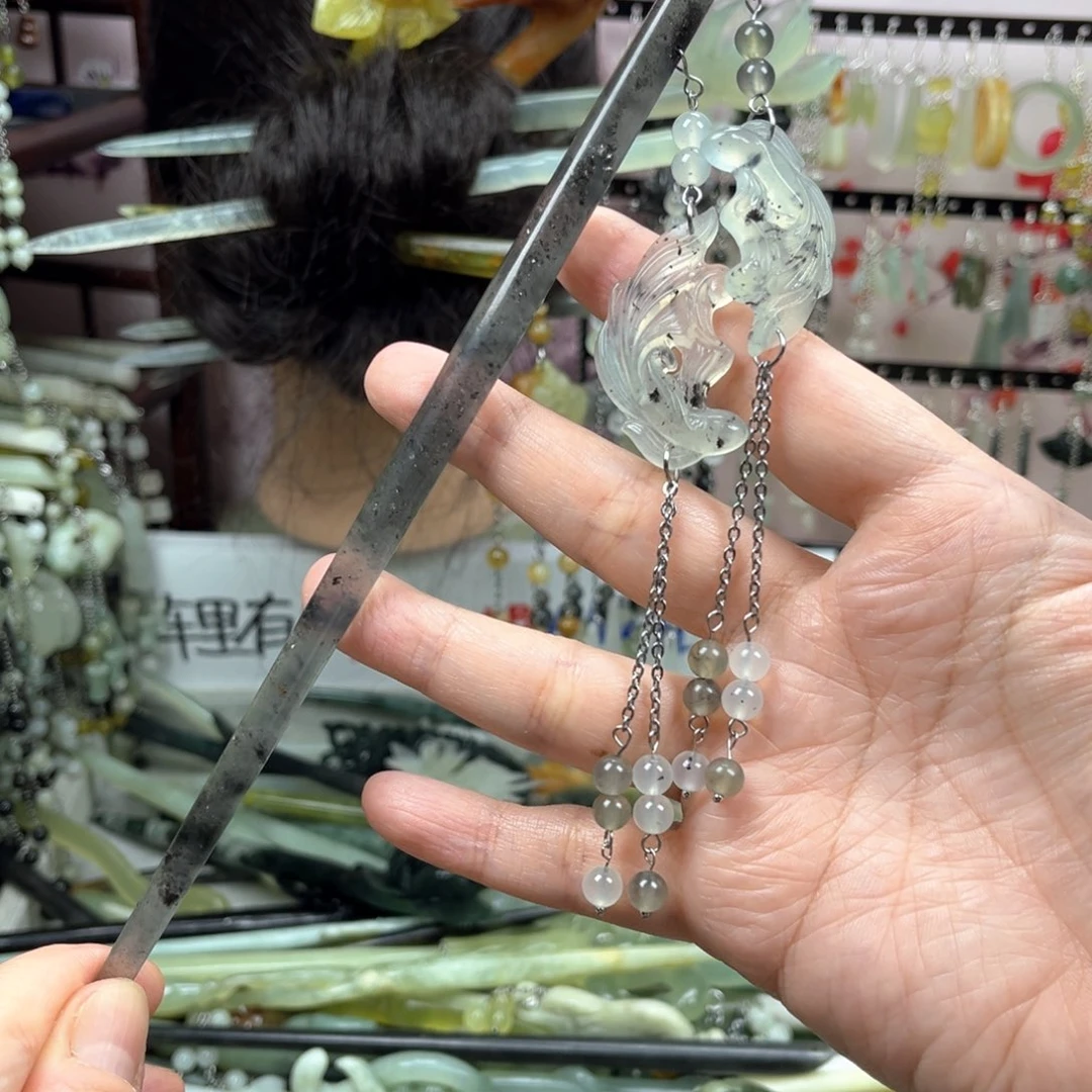 蛇纹石玉未镶嵌发饰长度22厘米左右