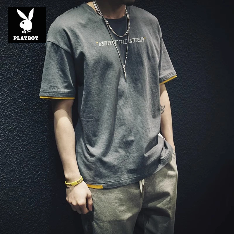 花花公子夏季短袖t恤男宽松潮牌假两件半袖百搭休闲舒适潮流体恤