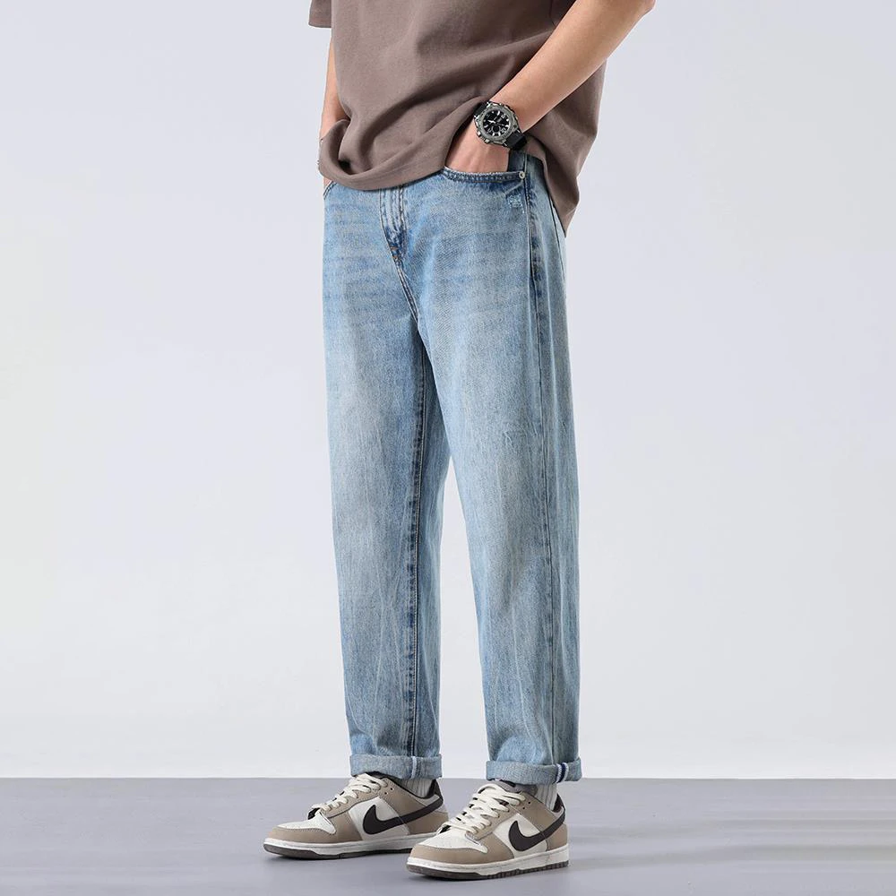 秋季浅色水洗牛仔裤男款宽松爆款直筒裤子休闲简约基础微锥哈伦裤