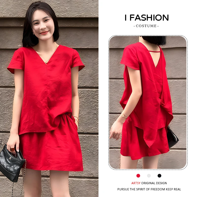 时尚气质纯色套装女2025年夏季后背蝴蝶结v领上衣短半裙两件套潮