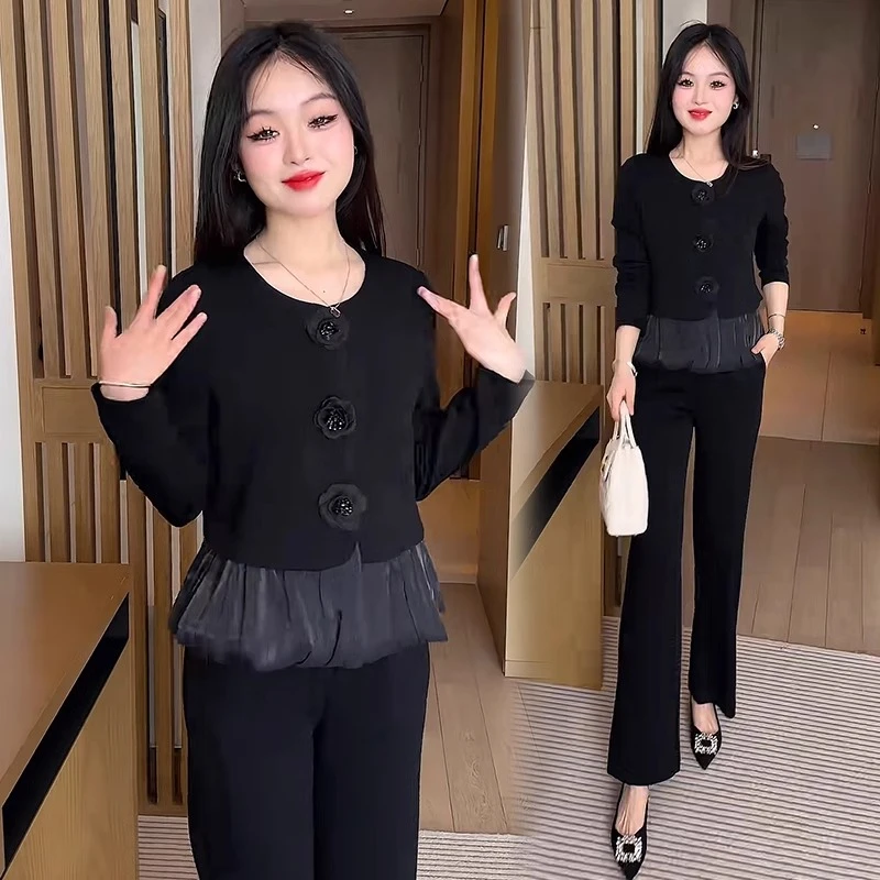 时尚休闲套装女装春季2025今年流行新款黑色长袖上衣直筒裤两件套