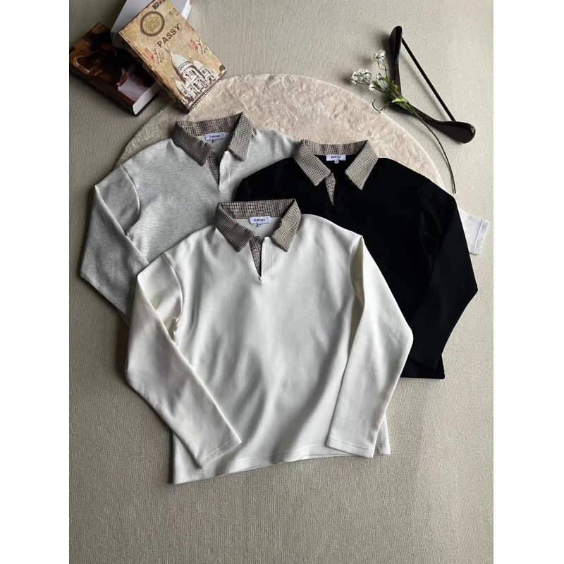 美式千鸟格v领卫衣男款春秋重磅老钱风长袖T恤cleanfit复古POIO衫