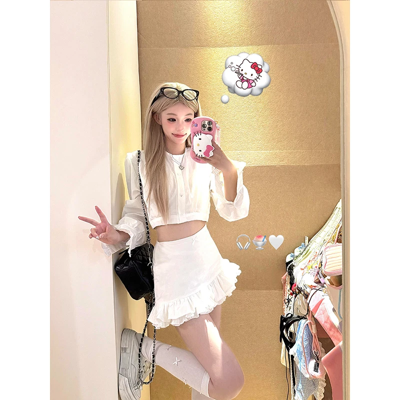 法式纯欲风圆领长袖短款衬衫女初秋高腰荷叶边包臀半身短裙两件套