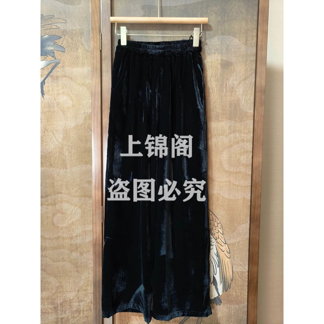 225新中式松紧腰丝绒直筒裤显瘦气质时尚黑色百搭休闲女裤子国风
