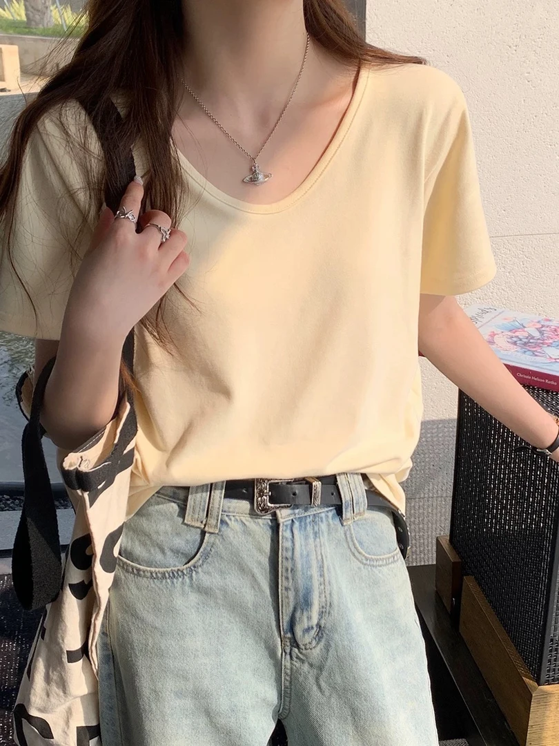 V领短袖女t恤夏宽松年新款爆款白色内搭打底正肩半袖纯棉上