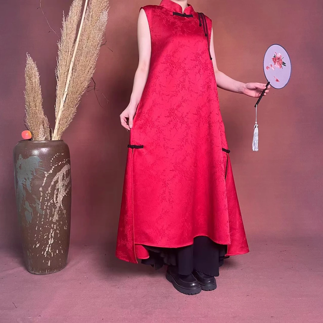 【大海轻奢】BF32404新款玫红色拼条盘扣浮雕花设计师款时尚旗袍