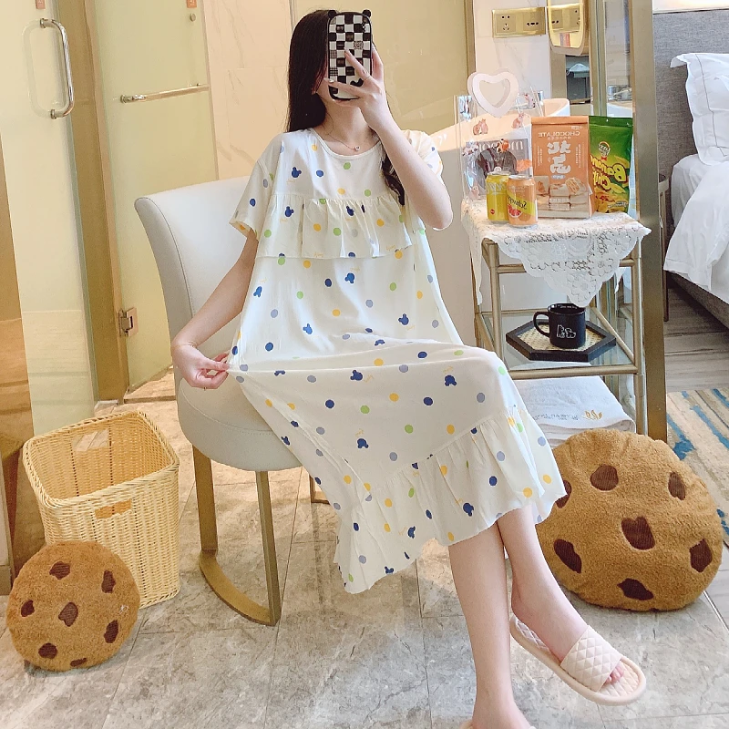 防凸点睡裙女夏天薄款大码绵绸女士裙子新款冰感绵绸宽松家居服