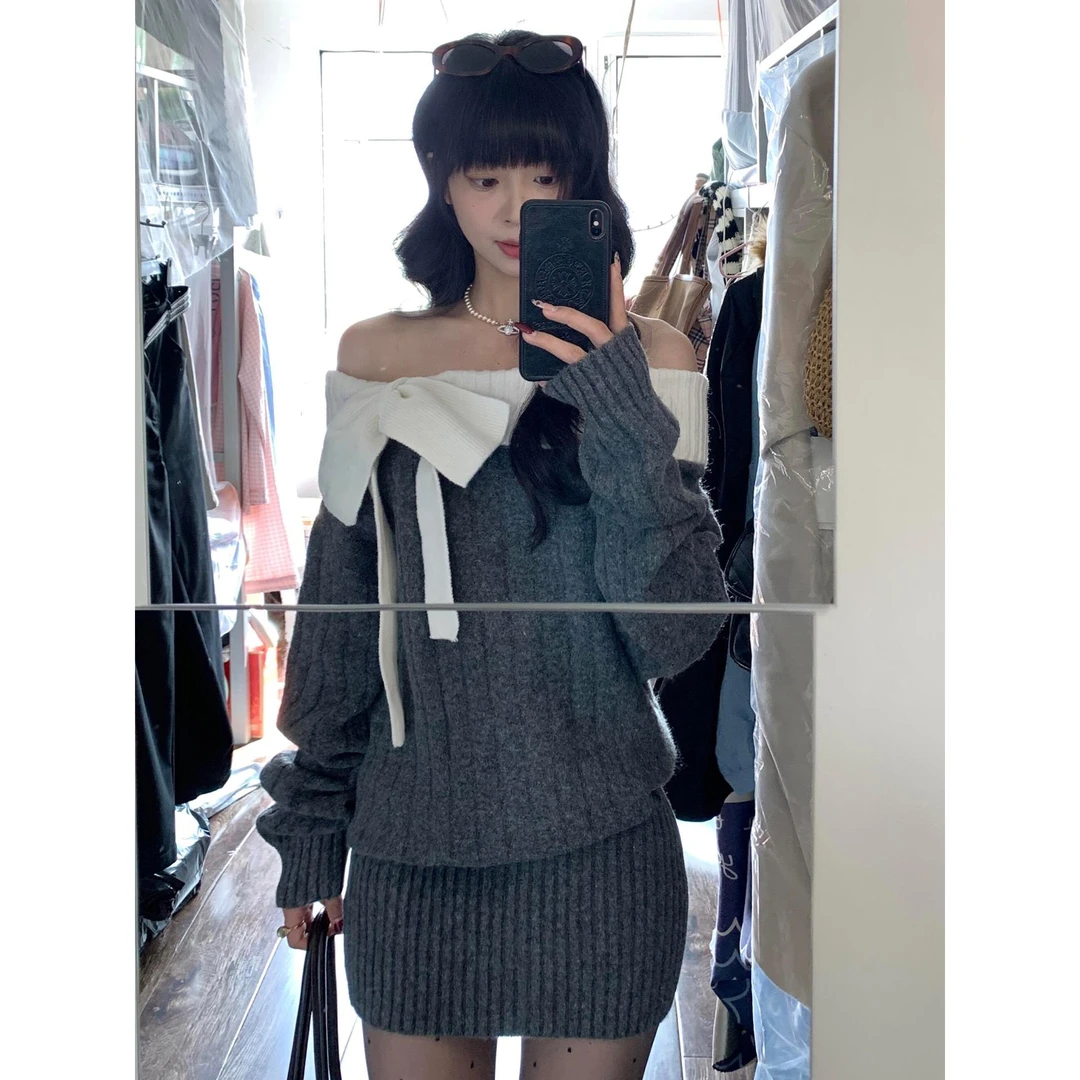 一字肩撞色针织毛衣连衣裙子女秋冬纯欲包臀短裙套装轻奢网红款