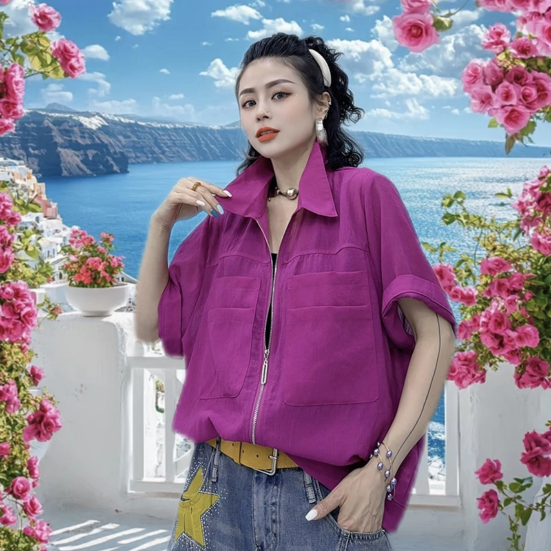 原创新款韩版慵懒风衬衫女士2025夏季洋气百搭宽松拉链上衣-9673