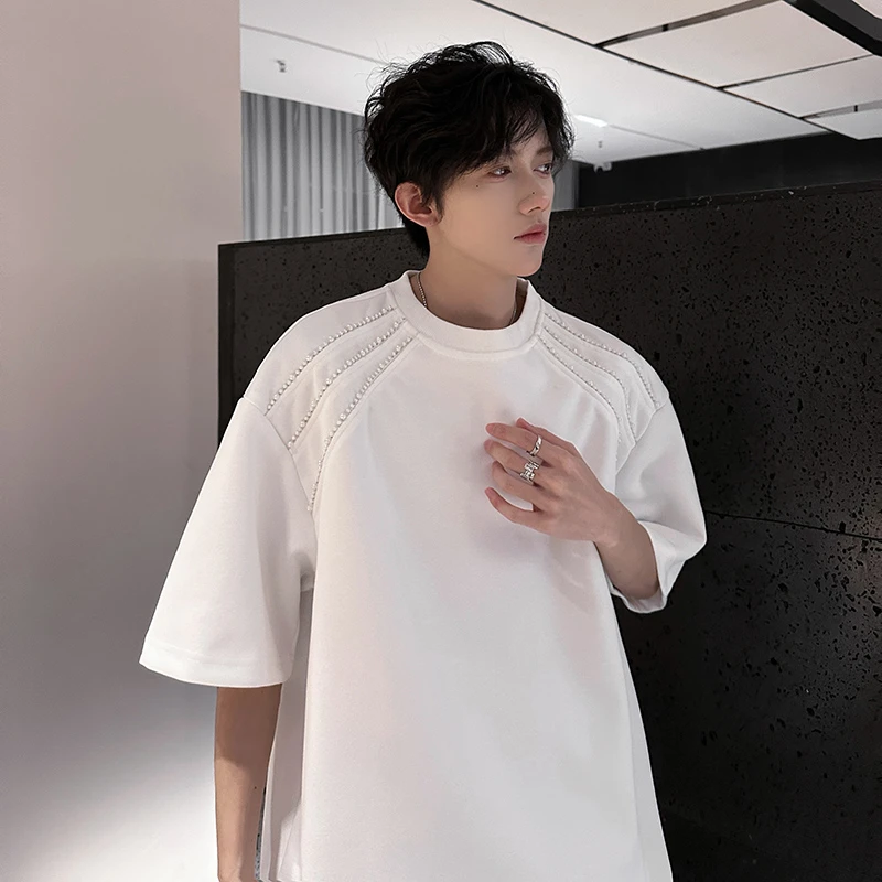 300g重磅珍珠条纹短袖t恤男夏季美式潮牌痞帅半袖宽松圆领体恤衫