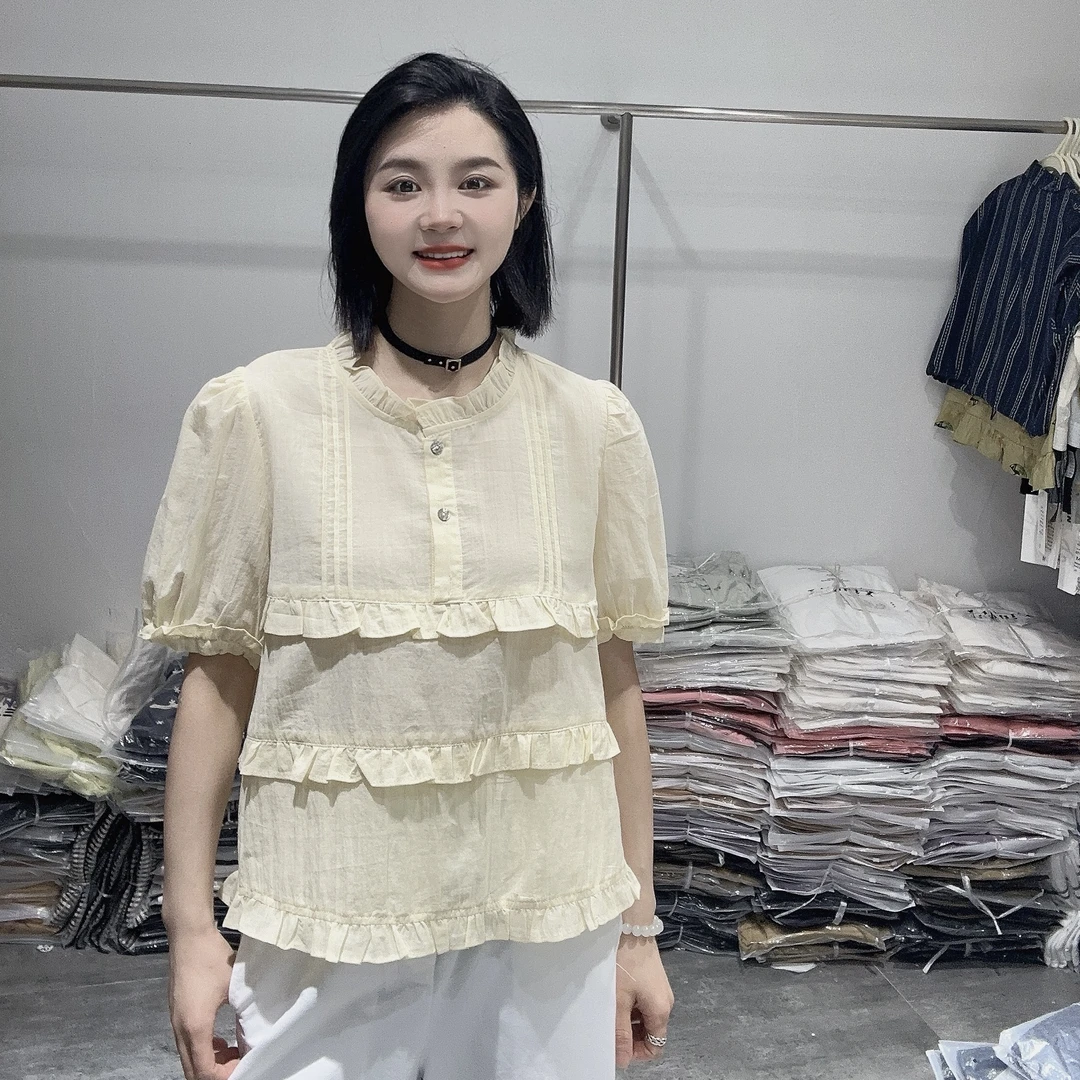 LMM 8788 韩系2025夏季新款圆领木耳边泡泡袖衬衫女简约宽松休闲