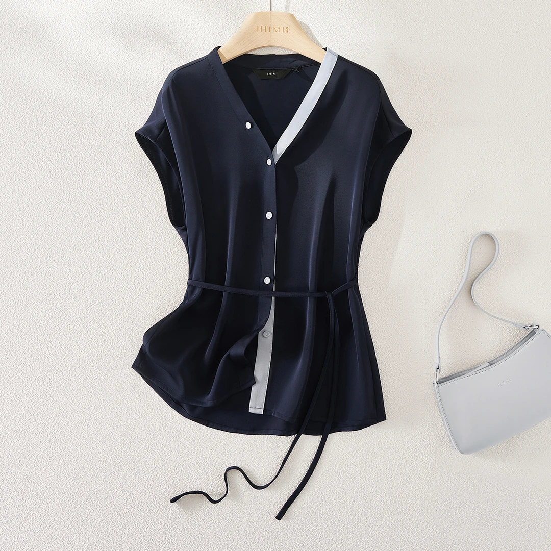 IHIMI/海谧简约撞色显瘦衬衣2025夏季V领拼接通勤垂感系带衬衫女