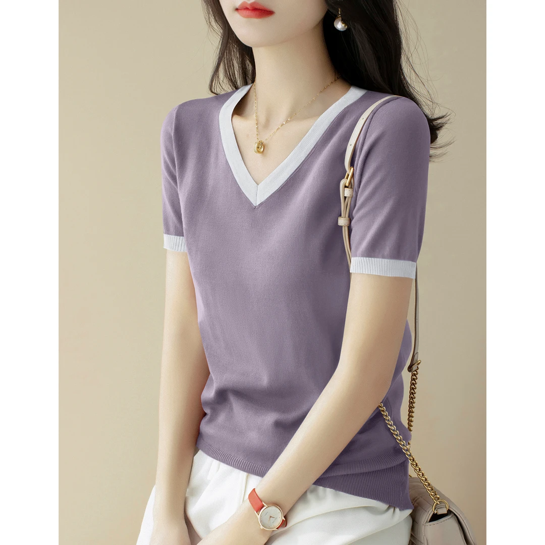 春夏季穿搭韩系拼色v领宽松显瘦短袖t恤女针织衫减龄时尚打底上衣