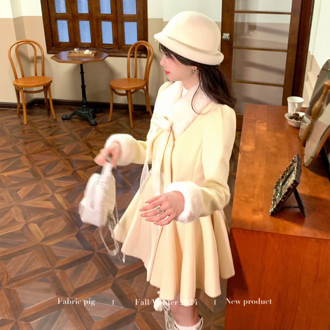 雪松奶酪黄色 织物猪原创 冬季新款韩版气质显瘦呢子外套裤子