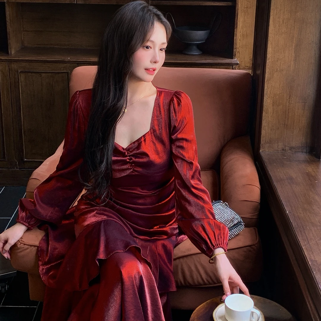 MB大码女装【美神降临】秋冬复古不规则荷叶边长款礼服方领连衣裙